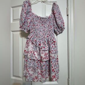 Chic Floral Ruffle Dress - White Red and Pink Floral Pattern